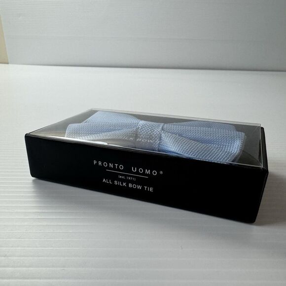 Pronto Uomo Light Blue Silk Bow Tie & Pocket Square Set Formal Wedding - Picture 8 of 9